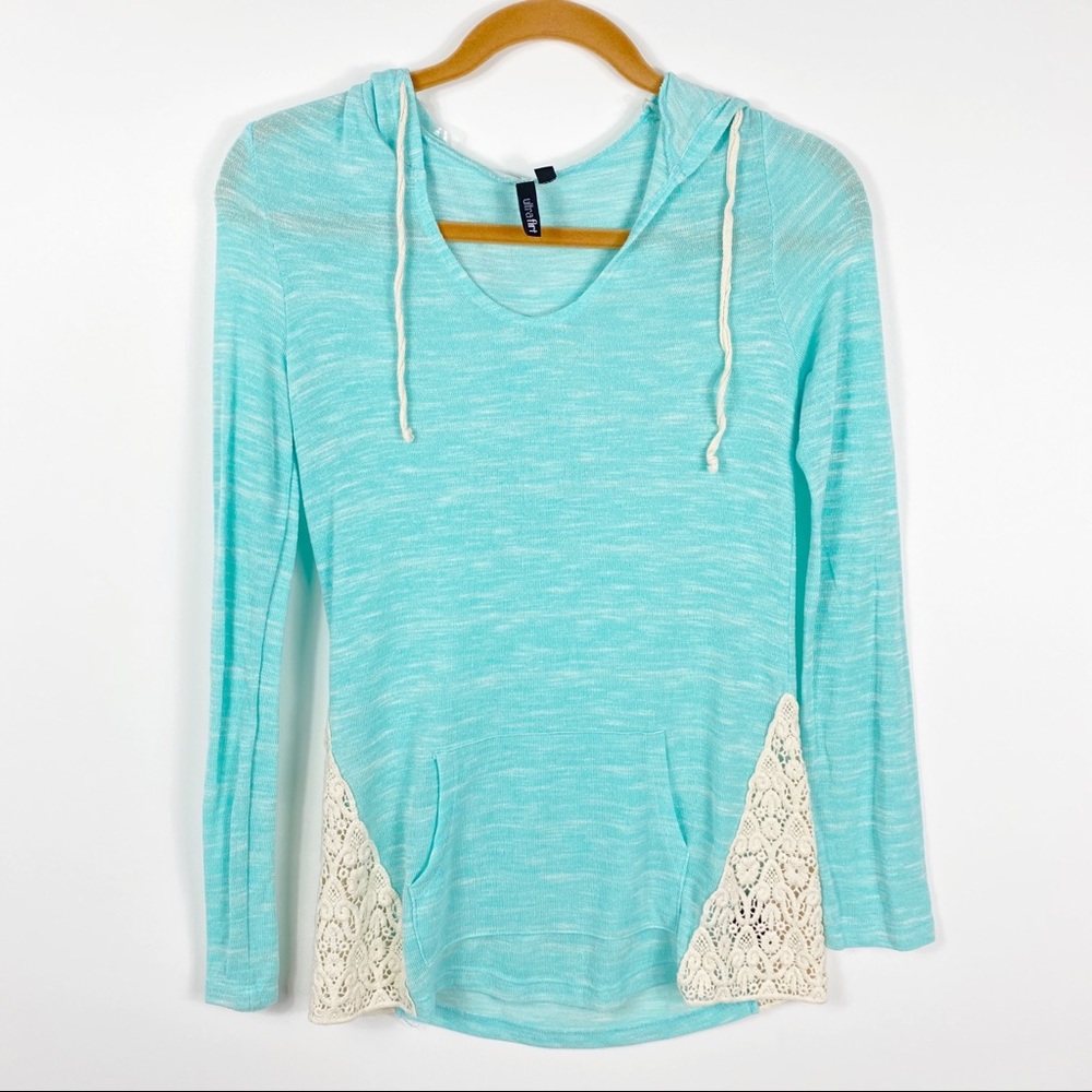 Teal Aqua Long sleeve top crochet hood Medium